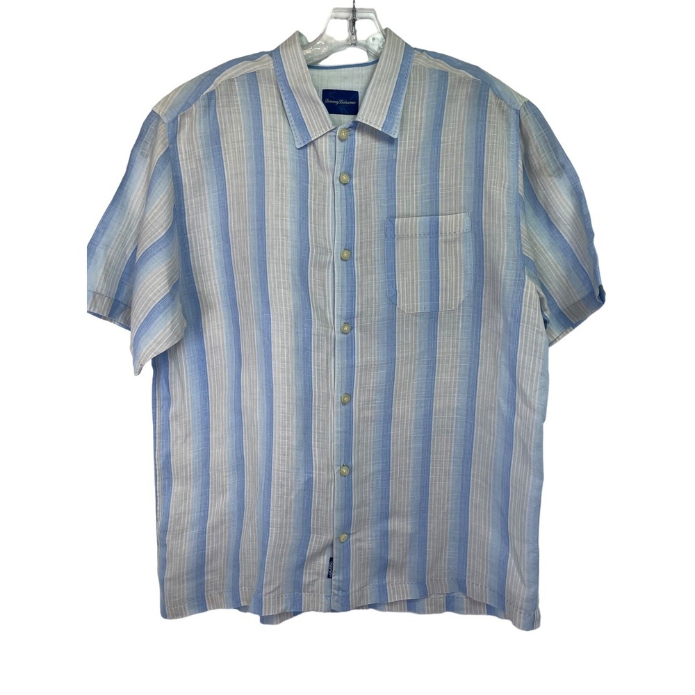Tommy Bahama 100% Linen Mens Sz Large Blue/Grey Striped Button Up Shirt (B7)‎